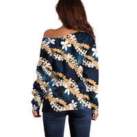 Puakenikeni Maile Lei Off Shoulder Sweater Frangipani Blue Tropical Leaves