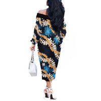 Puakenikeni Maile Lei Off The Shoulder Long Sleeve Dress Frangipani Blue Tropical Leaves LT01 - Polynesian Pride
