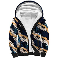 Puakenikeni Maile Lei Sherpa Hoodie Frangipani Blue Tropical Leaves LT01 Unisex Blue - Polynesian Pride