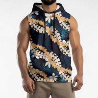 Puakenikeni Maile Lei Sleeveless Hoodie Frangipani Blue Tropical Leaves