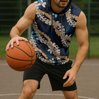 Puakenikeni Maile Lei Sleeveless Hoodie Frangipani Blue Tropical Leaves