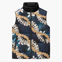Puakenikeni Maile Lei Sleeveless Puffer Jacket Frangipani Blue Tropical Leaves