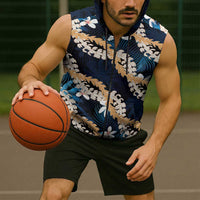 Puakenikeni Maile Lei Sleeveless Zip Hoodie Frangipani Blue Tropical Leaves LT01 - Polynesian Pride