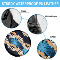 Puakenikeni Maile Lei Spare Tire Cover Frangipani Blue Tropical Leaves