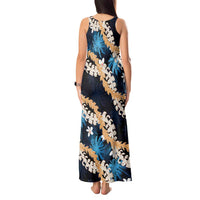Puakenikeni Maile Lei Tank Maxi Dress Frangipani Blue Tropical Leaves
