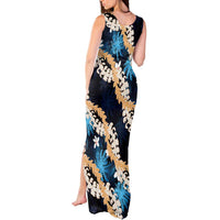 Puakenikeni Maile Lei Tank Maxi Dress Frangipani Blue Tropical Leaves