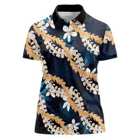 Puakenikeni Maile Lei Women Polo Shirt Frangipani Blue Tropical Leaves LT01 Female Blue - Polynesian Pride