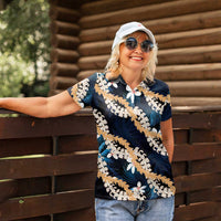Puakenikeni Maile Lei Women Polo Shirt Frangipani Blue Tropical Leaves LT01 - Polynesian Pride
