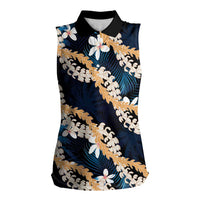 Puakenikeni Maile Lei Women Sleeveless Polo Shirt Frangipani Blue Tropical Leaves LT01 Female Blue - Polynesian Pride
