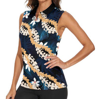 Puakenikeni Maile Lei Women Sleeveless Polo Shirt Frangipani Blue Tropical Leaves LT01 - Polynesian Pride
