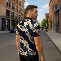 Puakenikeni Maile Lei Zipper Polo Shirt Frangipani Blue Tropical Leaves LT01 - Polynesian Pride