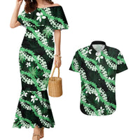 Puakenikeni Maile Lei Couples Matching Mermaid Dress and Hawaiian Shirt Frangipani Green Tropical Leaves LT01 Green - Polynesian Pride