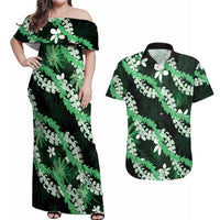 Puakenikeni Maile Lei Couples Matching Off Shoulder Maxi Dress and Hawaiian Shirt Frangipani Green Tropical Leaves LT01 Green - Polynesian Pride
