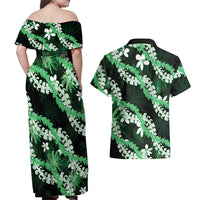 Puakenikeni Maile Lei Couples Matching Off Shoulder Maxi Dress and Hawaiian Shirt Frangipani Green Tropical Leaves LT01 - Polynesian Pride