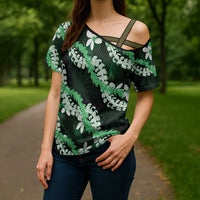 Puakenikeni Maile Lei Cross Shoulder Shirt Frangipani Green Tropical Leaves
