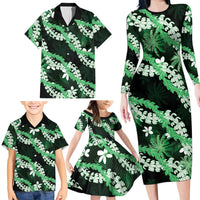 Puakenikeni Maile Lei Family Matching Long Sleeve Bodycon Dress and Hawaiian Shirt Frangipani Green Tropical Leaves LT01 - Polynesian Pride