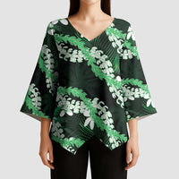 Puakenikeni Maile Lei Kimono Sleeve Blouse Frangipani Green Tropical Leaves