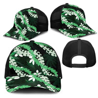 Puakenikeni Maile Lei Mesh Trucker Cap Frangipani Green Tropical Leaves