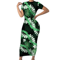 Puakenikeni Maile Lei Short Sleeve Bodycon Dress Frangipani Green Tropical Leaves LT01 Long Dress Green - Polynesian Pride