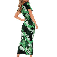 Puakenikeni Maile Lei Short Sleeve Bodycon Dress Frangipani Green Tropical Leaves LT01 - Polynesian Pride