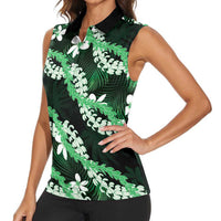 Puakenikeni Maile Lei Women Sleeveless Polo Shirt Frangipani Green Tropical Leaves LT01 - Polynesian Pride