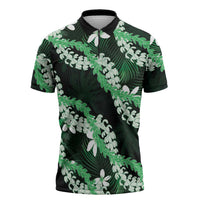 Puakenikeni Maile Lei Zipper Polo Shirt Frangipani Green Tropical Leaves LT01 Green - Polynesian Pride