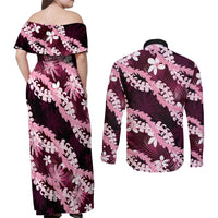 Puakenikeni Maile Lei Couples Matching Off Shoulder Maxi Dress and Long Sleeve Button Shirt Frangipani Pink Tropical Leaves LT01 - Polynesian Pride