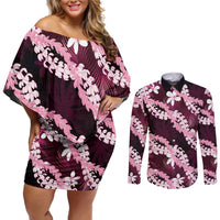 Puakenikeni Maile Lei Couples Matching Off Shoulder Short Dress and Long Sleeve Button Shirt Frangipani Pink Tropical Leaves LT01 Pink - Polynesian Pride