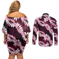 Puakenikeni Maile Lei Couples Matching Off Shoulder Short Dress and Long Sleeve Button Shirt Frangipani Pink Tropical Leaves LT01 - Polynesian Pride