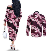 Puakenikeni Maile Lei Couples Matching Off The Shoulder Long Sleeve Dress and Long Sleeve Button Shirt Frangipani Pink Tropical Leaves LT01 - Polynesian Pride