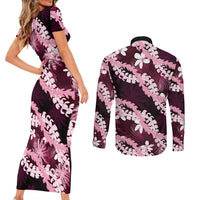 Puakenikeni Maile Lei Couples Matching Short Sleeve Bodycon Dress and Long Sleeve Button Shirt Frangipani Pink Tropical Leaves LT01 - Polynesian Pride