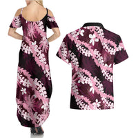 Puakenikeni Maile Lei Couples Matching Summer Maxi Dress and Hawaiian Shirt Frangipani Pink Tropical Leaves LT01 - Polynesian Pride
