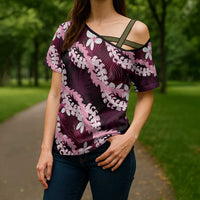 Puakenikeni Maile Lei Cross Shoulder Shirt Frangipani Pink Tropical Leaves