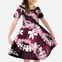 Puakenikeni Maile Lei Kid Short Sleeve Dress Frangipani Pink Tropical Leaves LT01 KID Pink - Polynesian Pride