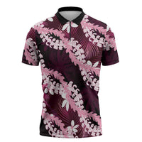 Puakenikeni Maile Lei Zipper Polo Shirt Frangipani Pink Tropical Leaves LT01 Pink - Polynesian Pride
