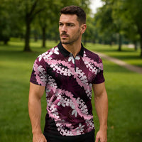Puakenikeni Maile Lei Zipper Polo Shirt Frangipani Pink Tropical Leaves LT01 - Polynesian Pride