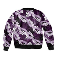 Puakenikeni Maile Lei Bomber Jacket Frangipani Purple Tropical Leaves