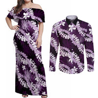 Puakenikeni Maile Lei Couples Matching Off Shoulder Maxi Dress and Long Sleeve Button Shirt Frangipani Purple Tropical Leaves LT01 Purple - Polynesian Pride