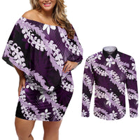 Puakenikeni Maile Lei Couples Matching Off Shoulder Short Dress and Long Sleeve Button Shirt Frangipani Purple Tropical Leaves LT01 Purple - Polynesian Pride