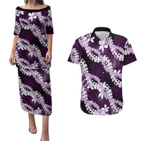Puakenikeni Maile Lei Couples Matching Puletasi and Hawaiian Shirt Frangipani Purple Tropical Leaves LT01 Purple - Polynesian Pride