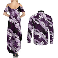 Puakenikeni Maile Lei Couples Matching Summer Maxi Dress and Long Sleeve Button Shirt Frangipani Purple Tropical Leaves LT01 - Polynesian Pride