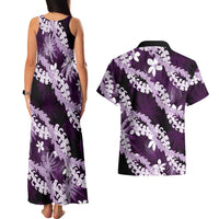 Puakenikeni Maile Lei Couples Matching Tank Maxi Dress and Hawaiian Shirt Frangipani Purple Tropical Leaves LT01 - Polynesian Pride