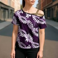 Puakenikeni Maile Lei Cross Shoulder Shirt Frangipani Purple Tropical Leaves LT01 - Polynesian Pride
