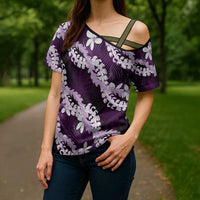 Puakenikeni Maile Lei Cross Shoulder Shirt Frangipani Purple Tropical Leaves LT01 - Polynesian Pride