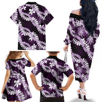 Puakenikeni Maile Lei Family Matching Off The Shoulder Long Sleeve Dress and Hawaiian Shirt Frangipani Purple Tropical Leaves LT01 - Polynesian Pride