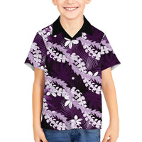 Puakenikeni Maile Lei Family Matching Off The Shoulder Long Sleeve Dress and Hawaiian Shirt Frangipani Purple Tropical Leaves LT01 Son's Shirt Purple - Polynesian Pride