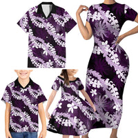 Puakenikeni Maile Lei Family Matching Short Sleeve Bodycon Dress and Hawaiian Shirt Frangipani Purple Tropical Leaves LT01 - Polynesian Pride