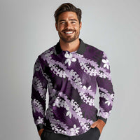 Puakenikeni Maile Lei Long Sleeve Polo Shirt Frangipani Purple Tropical Leaves LT01 - Polynesian Pride