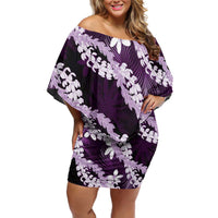 Puakenikeni Maile Lei Off Shoulder Short Dress Frangipani Purple Tropical Leaves LT01 Women Purple - Polynesian Pride