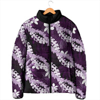Puakenikeni Maile Lei Padded Jacket Frangipani Purple Tropical Leaves